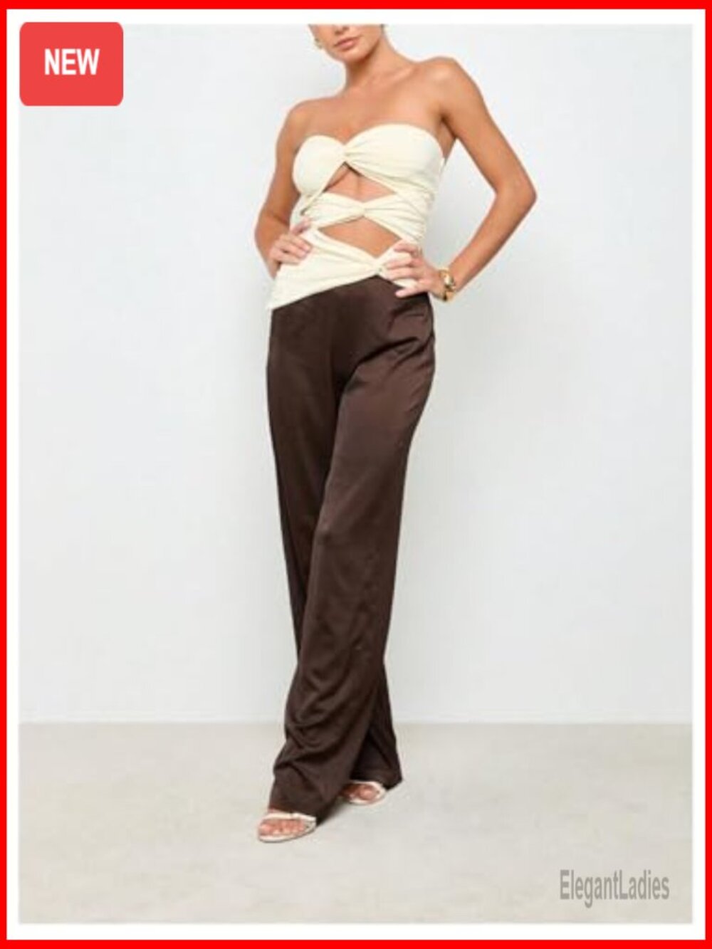 Women's Satin Wide Leg Pants Elastic Waist Loose Fit Casual Trousers - Picture 3 of 5